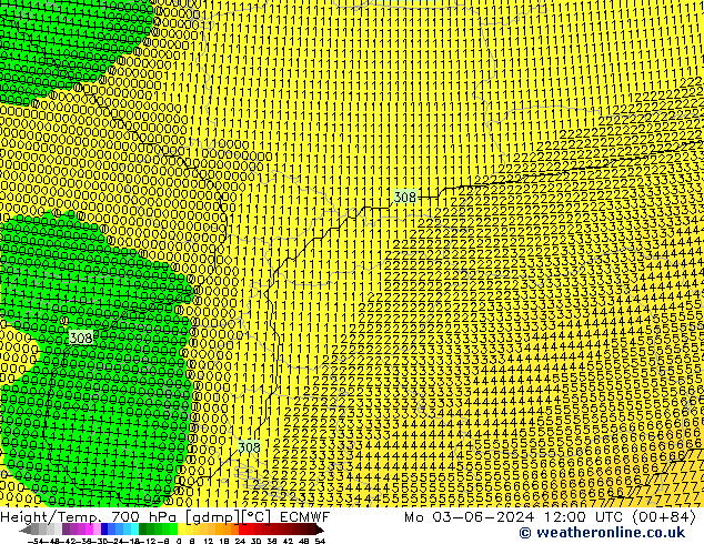 Height/Temp. 700 hPa ECMWF lun 03.06.2024 12 UTC