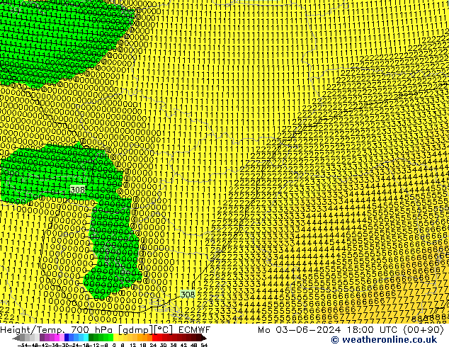 Height/Temp. 700 hPa ECMWF Mo 03.06.2024 18 UTC