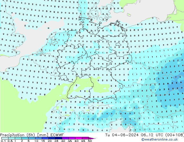 Precipitation (6h) ECMWF Tu 04.06.2024 12 UTC