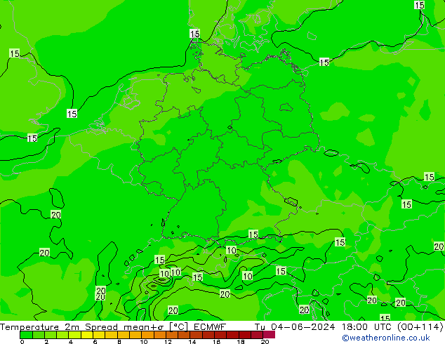 Temperaturkarte Spread ECMWF Di 04.06.2024 18 UTC