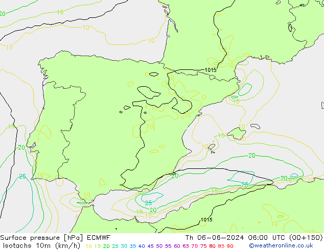 Isotachs (kph) ECMWF  06.06.2024 06 UTC