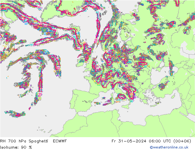 RH 700 hPa Spaghetti ECMWF Sex 31.05.2024 06 UTC