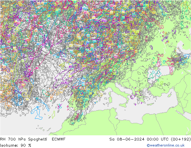 RH 700 hPa Spaghetti ECMWF sab 08.06.2024 00 UTC