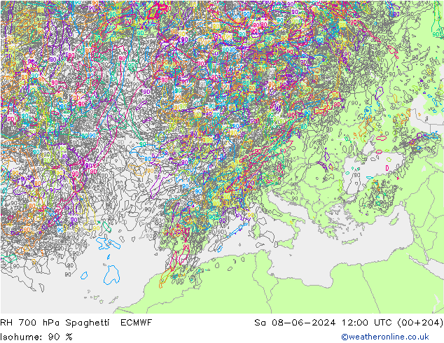 RH 700 hPa Spaghetti ECMWF  08.06.2024 12 UTC