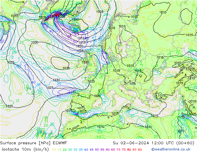 Isotachs (kph) ECMWF Su 02.06.2024 12 UTC