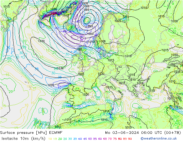 Isotachs (kph) ECMWF Seg 03.06.2024 06 UTC