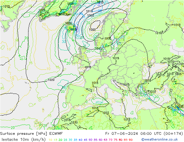 Isotachs (kph) ECMWF  07.06.2024 06 UTC