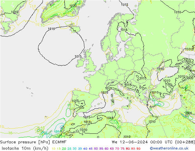 Isotachs (kph) ECMWF mer 12.06.2024 00 UTC