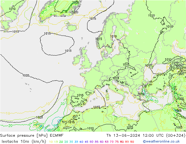 Isotaca (kph) ECMWF jue 13.06.2024 12 UTC