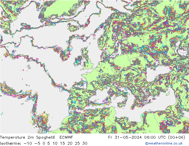 Temperature 2m Spaghetti ECMWF Fr 31.05.2024 06 UTC