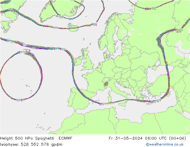 Height 500 hPa Spaghetti ECMWF Fr 31.05.2024 06 UTC