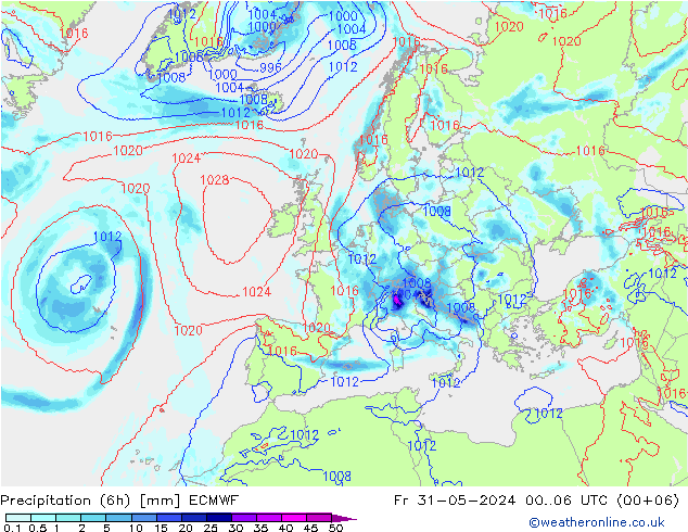 Precipitación (6h) ECMWF vie 31.05.2024 06 UTC