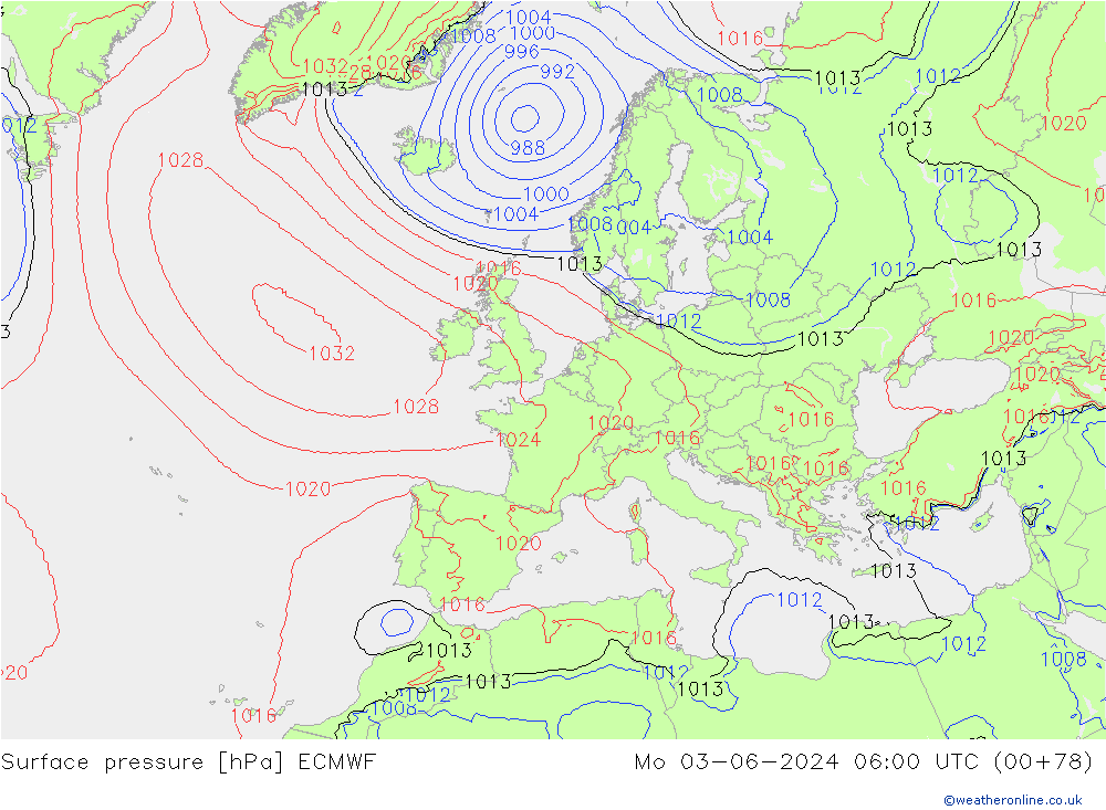 Surface pressure ECMWF Mo 03.06.2024 06 UTC