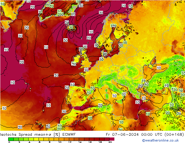 Isotachs Spread ECMWF ven 07.06.2024 00 UTC