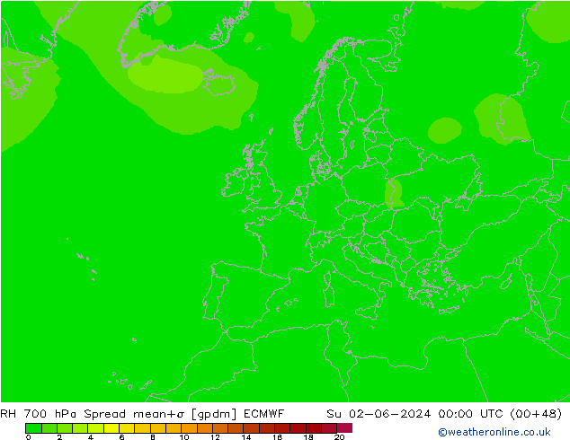 700 hPa Nispi Nem Spread ECMWF Paz 02.06.2024 00 UTC