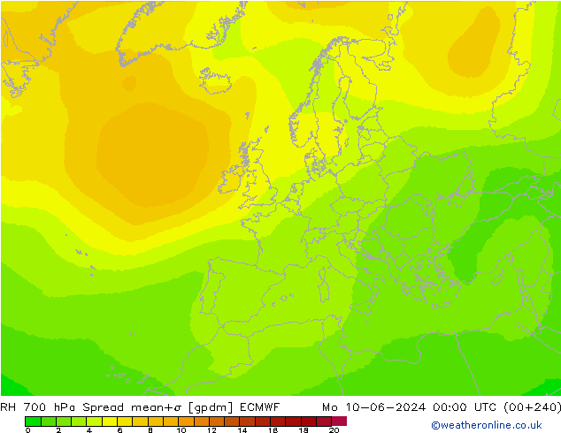 Humedad rel. 700hPa Spread ECMWF lun 10.06.2024 00 UTC