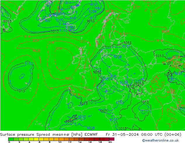 Luchtdruk op zeeniveau Spread ECMWF vr 31.05.2024 06 UTC