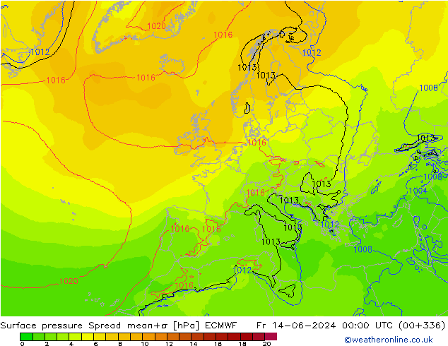 Presión superficial Spread ECMWF vie 14.06.2024 00 UTC