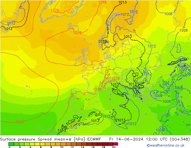 Pressione al suolo Spread ECMWF ven 14.06.2024 12 UTC