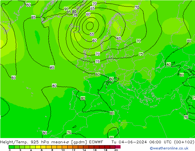 Height/Temp. 925 hPa ECMWF Tu 04.06.2024 06 UTC