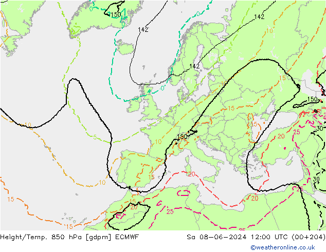 Height/Temp. 850 hPa ECMWF Sa 08.06.2024 12 UTC