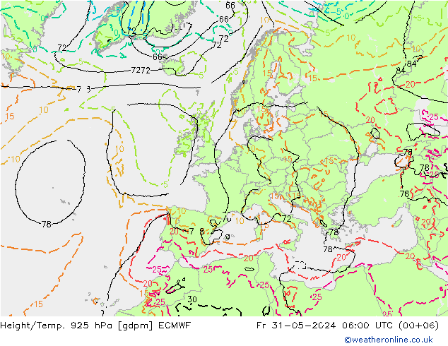 Hoogte/Temp. 925 hPa ECMWF vr 31.05.2024 06 UTC