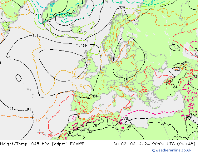 Height/Temp. 925 hPa ECMWF Su 02.06.2024 00 UTC