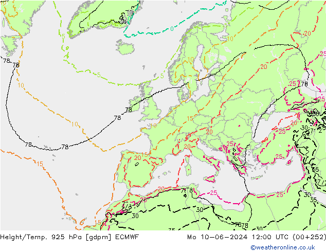 Height/Temp. 925 гПа ECMWF пн 10.06.2024 12 UTC