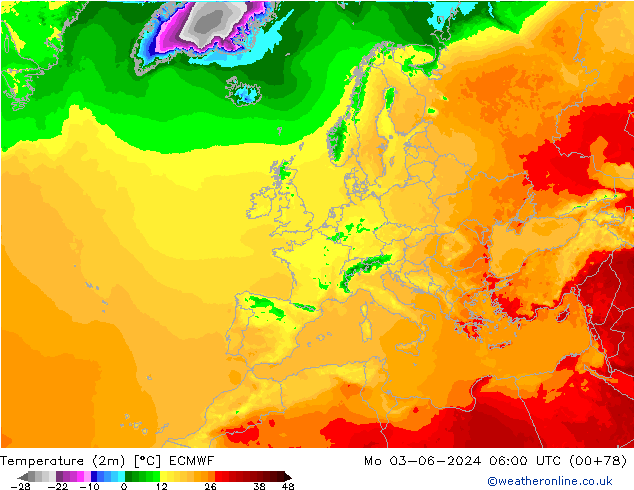 Temperatura (2m) ECMWF lun 03.06.2024 06 UTC