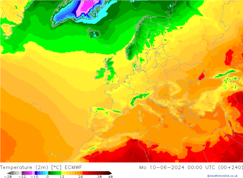 Temperature (2m) ECMWF Mo 10.06.2024 00 UTC