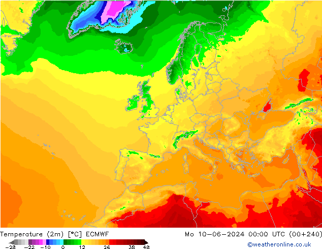 Temperature (2m) ECMWF Po 10.06.2024 00 UTC
