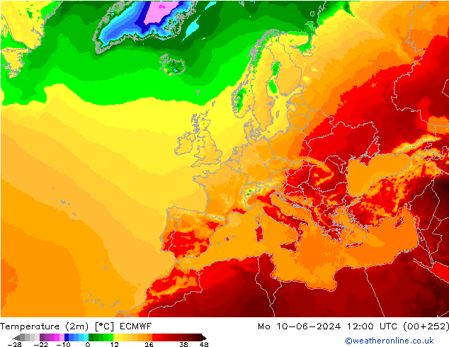 Temperatuurkaart (2m) ECMWF ma 10.06.2024 12 UTC