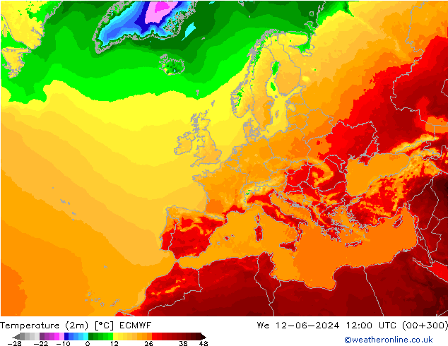 Temperaturkarte (2m) ECMWF Mi 12.06.2024 12 UTC