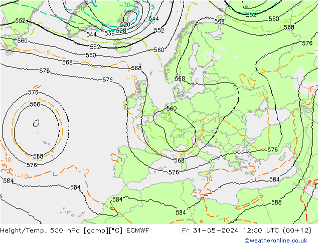 Hoogte/Temp. 500 hPa ECMWF vr 31.05.2024 12 UTC