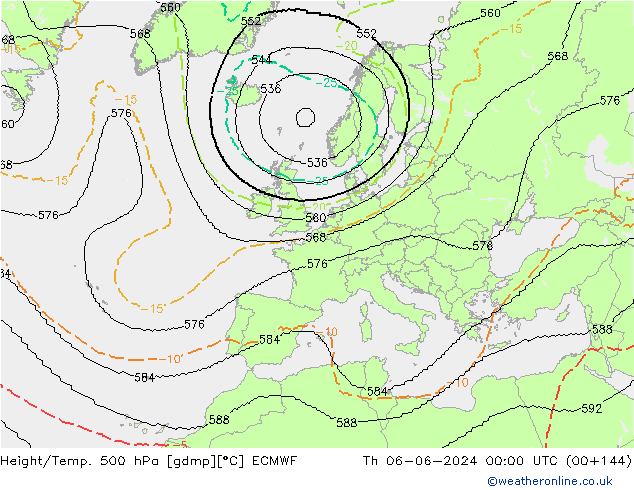 Height/Temp. 500 hPa ECMWF Qui 06.06.2024 00 UTC