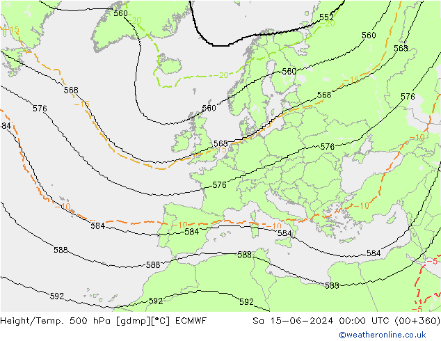 Height/Temp. 500 hPa ECMWF Sáb 15.06.2024 00 UTC
