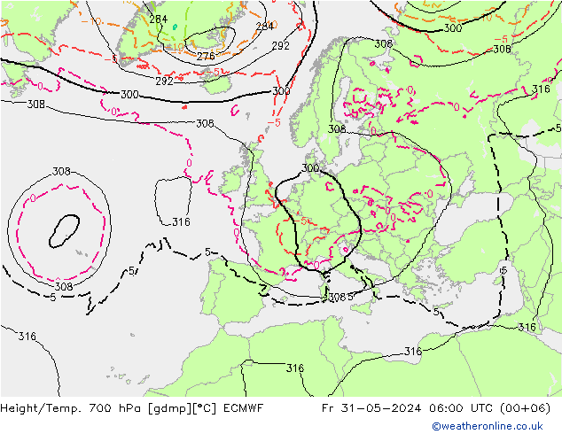 Hoogte/Temp. 700 hPa ECMWF vr 31.05.2024 06 UTC