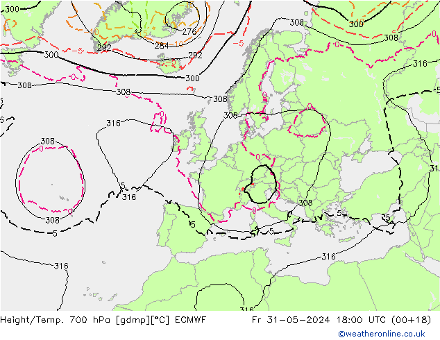 Height/Temp. 700 hPa ECMWF Sex 31.05.2024 18 UTC