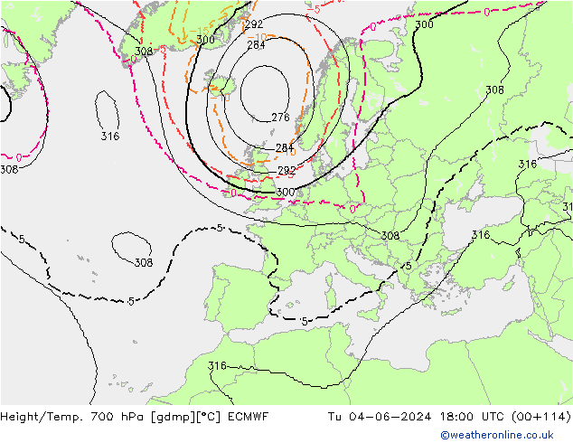 Height/Temp. 700 hPa ECMWF Ter 04.06.2024 18 UTC