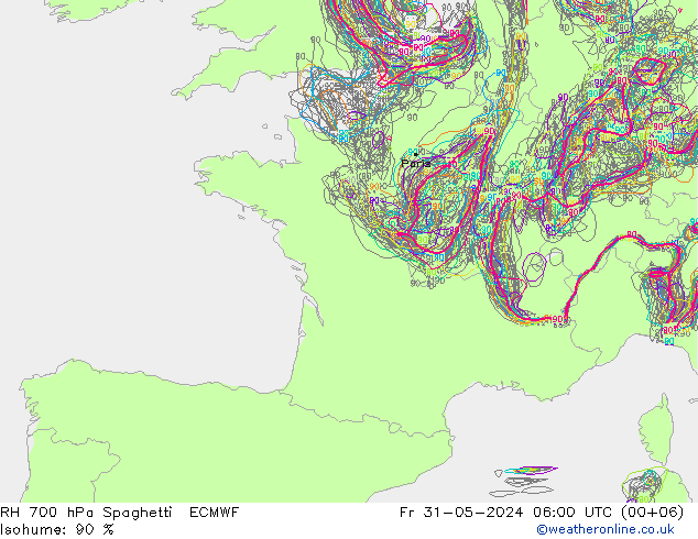 RH 700 гПа Spaghetti ECMWF пт 31.05.2024 06 UTC