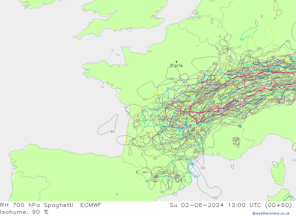 RH 700 hPa Spaghetti ECMWF Su 02.06.2024 12 UTC