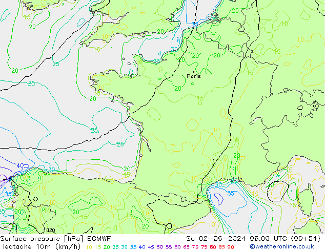 Eşrüzgar Hızları (km/sa) ECMWF Paz 02.06.2024 06 UTC