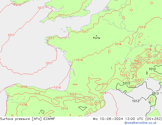 pressão do solo ECMWF Seg 10.06.2024 12 UTC