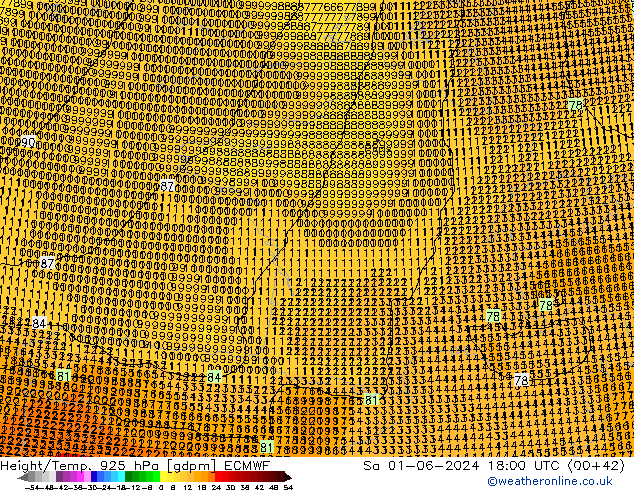 Geop./Temp. 925 hPa ECMWF sáb 01.06.2024 18 UTC