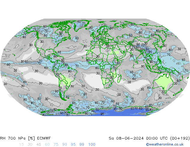 Humedad rel. 700hPa ECMWF sáb 08.06.2024 00 UTC