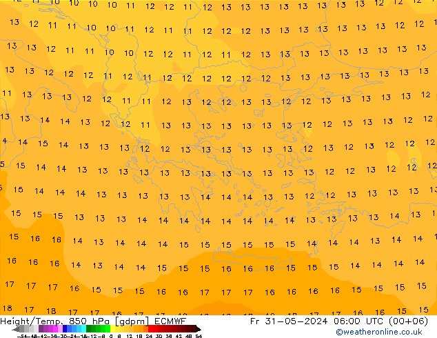 Hoogte/Temp. 850 hPa ECMWF vr 31.05.2024 06 UTC