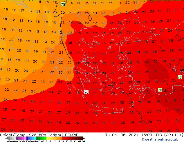 Height/Temp. 925 hPa ECMWF Út 04.06.2024 18 UTC