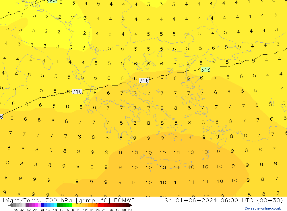 Height/Temp. 700 hPa ECMWF Sa 01.06.2024 06 UTC