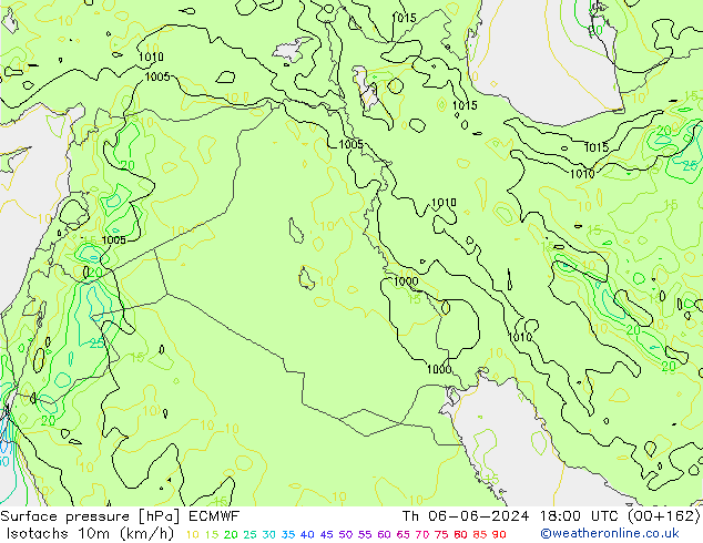 Isotachs (kph) ECMWF Qui 06.06.2024 18 UTC