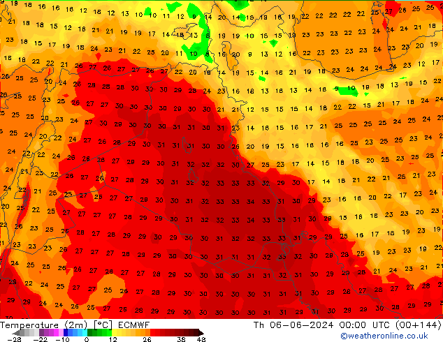 Temperatuurkaart (2m) ECMWF do 06.06.2024 00 UTC